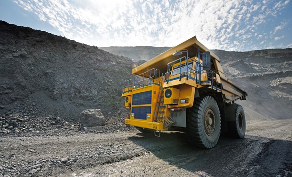 Large earth-moving truck in a mine.