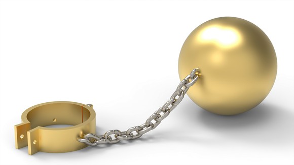 A golden shackle chained to a gold ball.