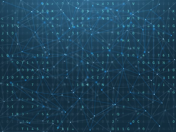 Dark blue background with letters on it connected by lines.