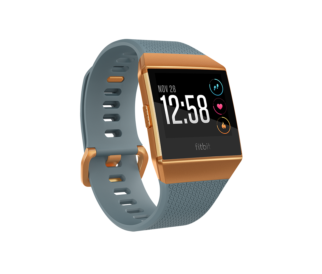 A Fitbit Ionic displayed in blue and gold.