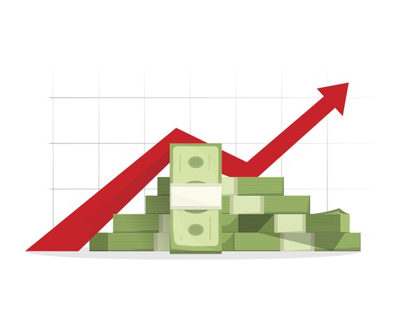 A drawing of a pile of cash underneath a red chart arrow going up.