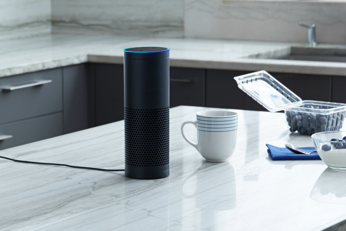 An Amazon Echo in a kitchen