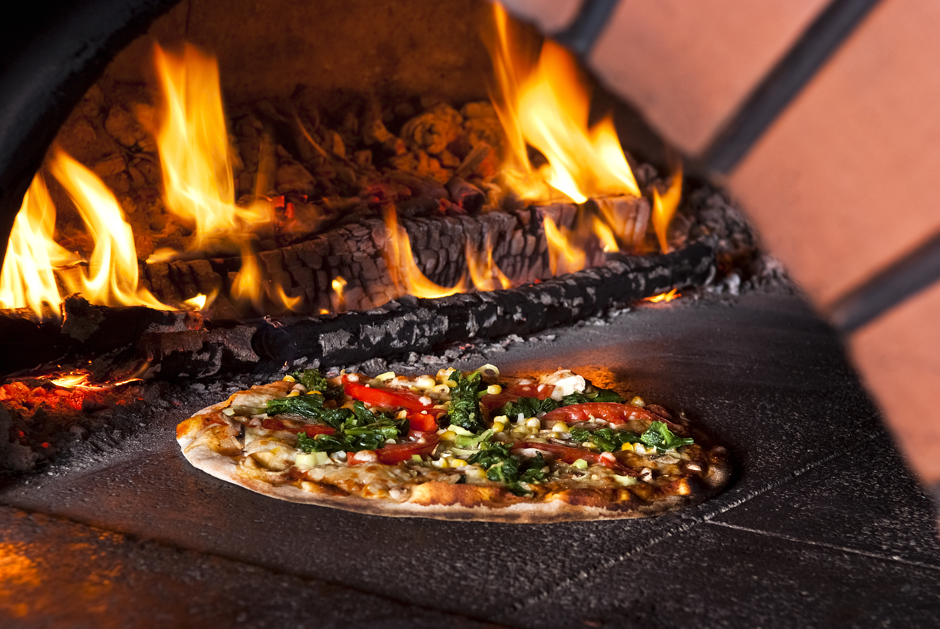 Wood-burning pizza oven with pizza pie about to be put into it