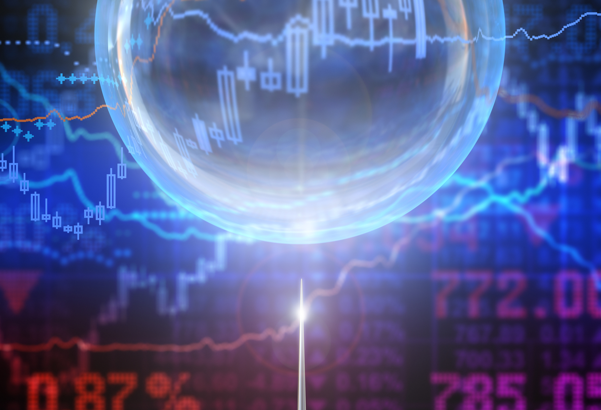 Needle about to pop a bubble with market data in the background.