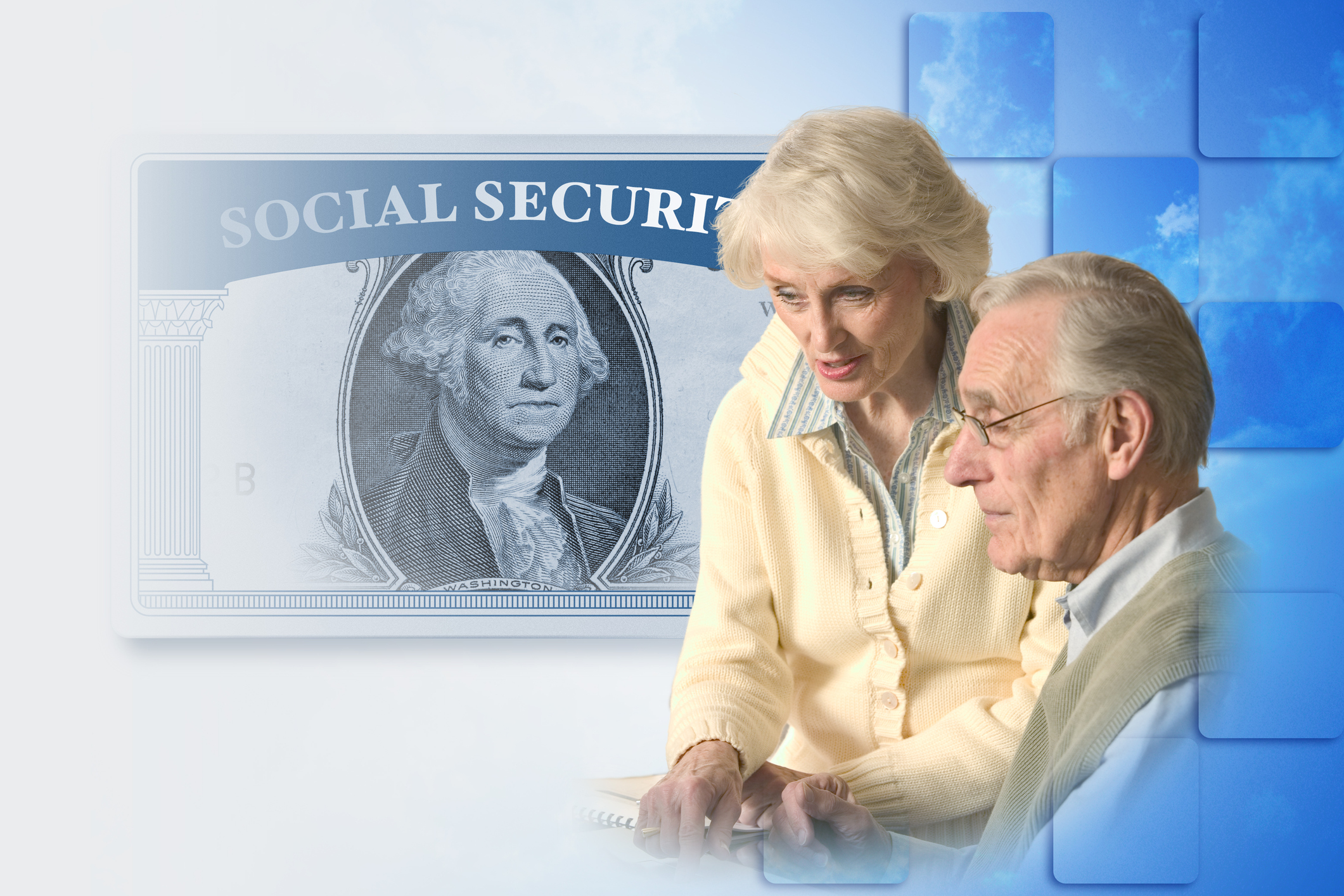 Two people holding hands, against a backdrop of a Social Security card frame with the George Washington picture from the dollar bill in it.