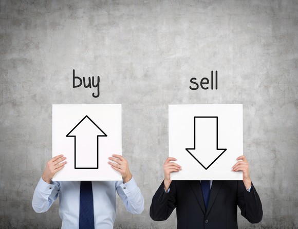 Men holding signs with up and down arrows and "buy" and "sell" written above the signs