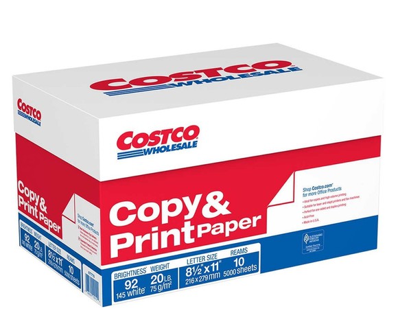 Box of copy and print paper with Costco brand.