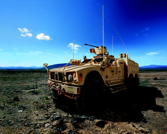 The Oshkosh Corp.'s M-ATV 6x6 on dirt under a blue sky