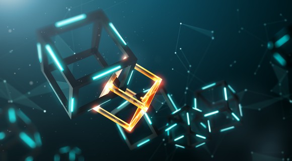 Two interlocked cubes, or chained blocks, illustrating the mechanics of the blockchain.
