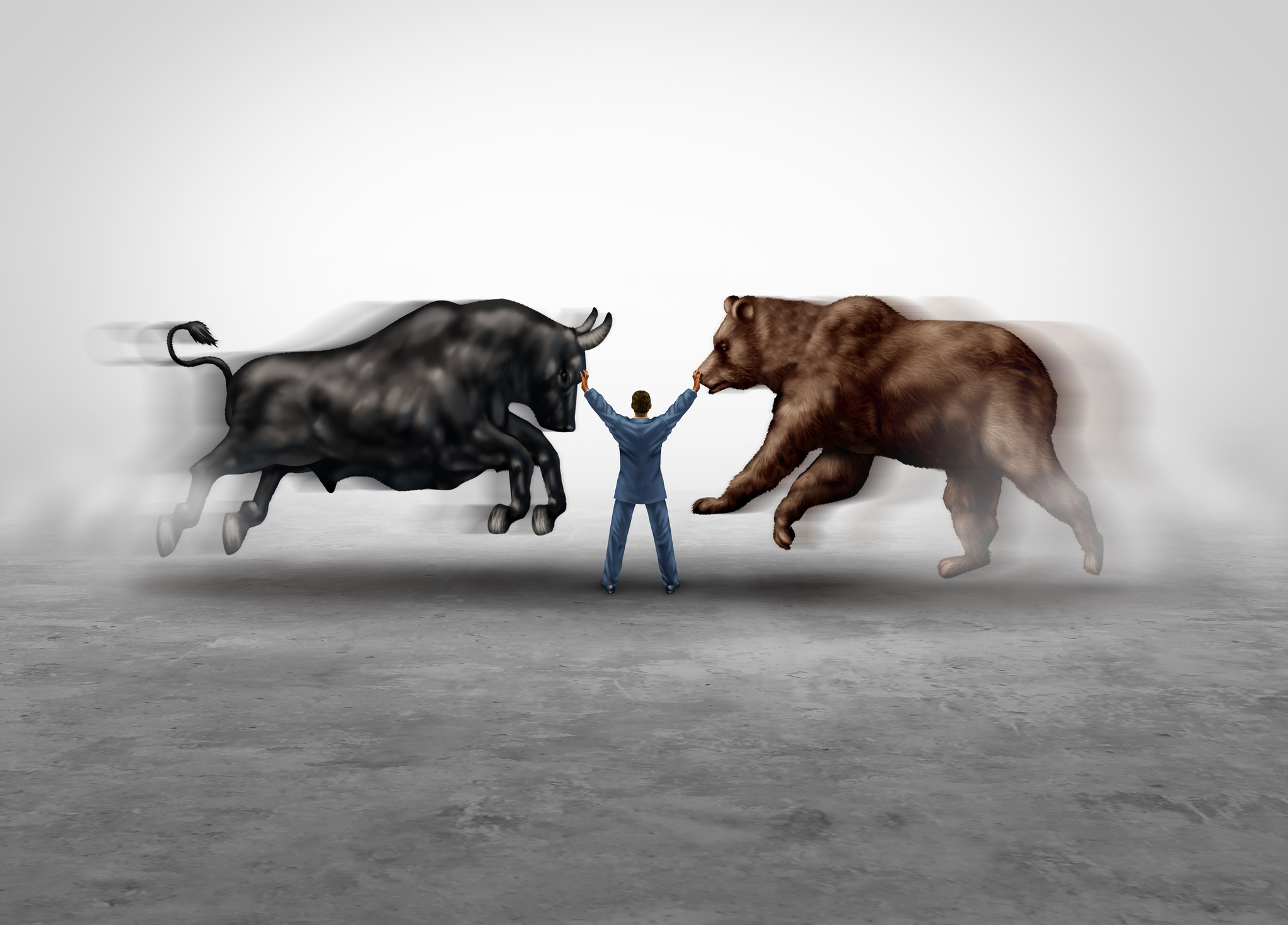 Man Holding Off Bull and Bear