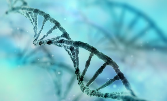 Strand of DNA with light blue background