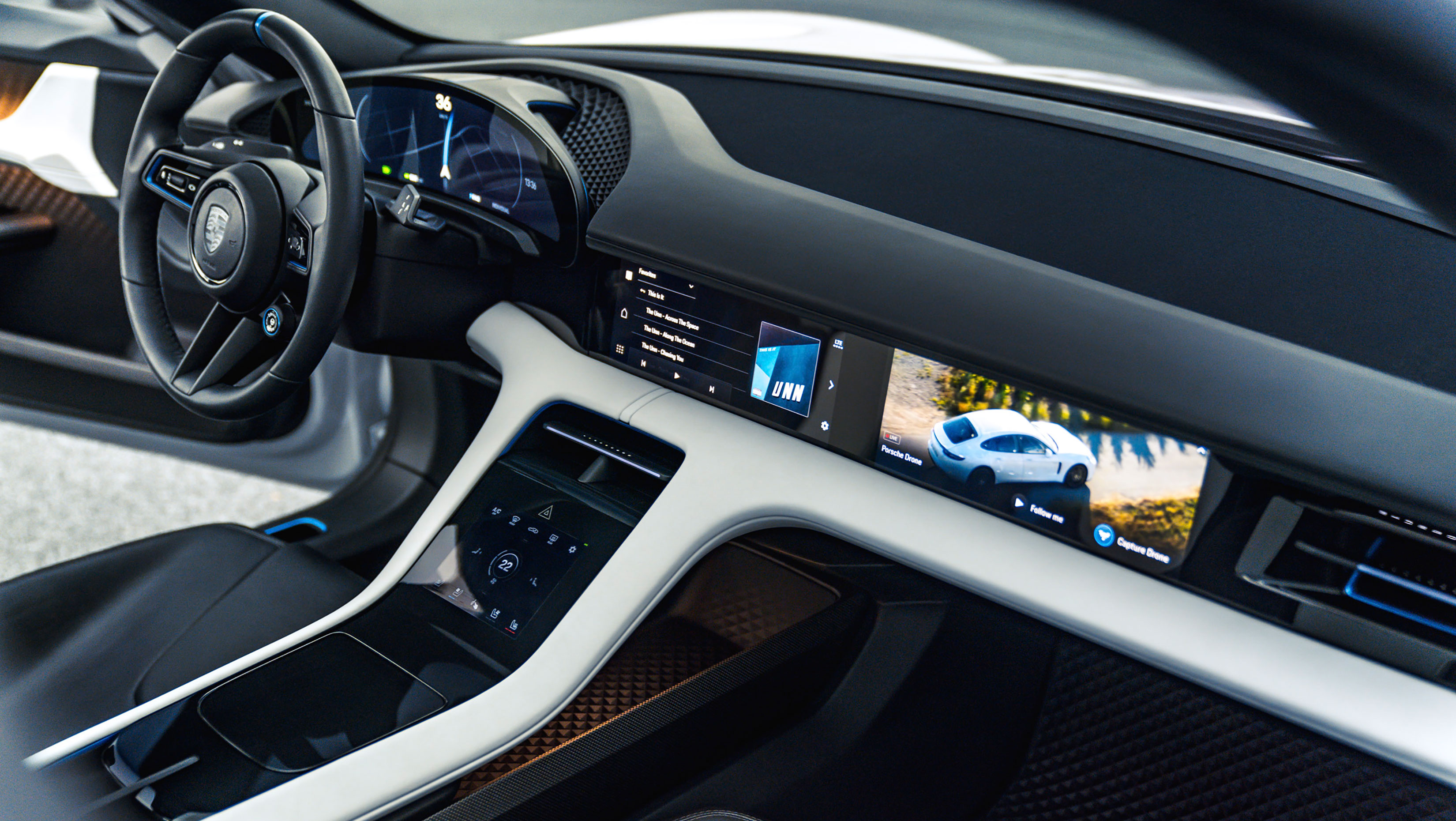A view of the Mission E Cross Turismo's front seats and dash.