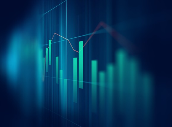 Stock chart showing bar graphs on dark green background.