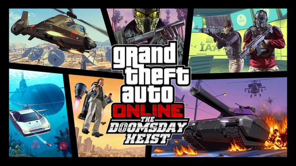 A collage of images depicting characters and action scenes from Grand Theft Auto with the title Grand Theft Auto Online The Doomsday Heist in the center.