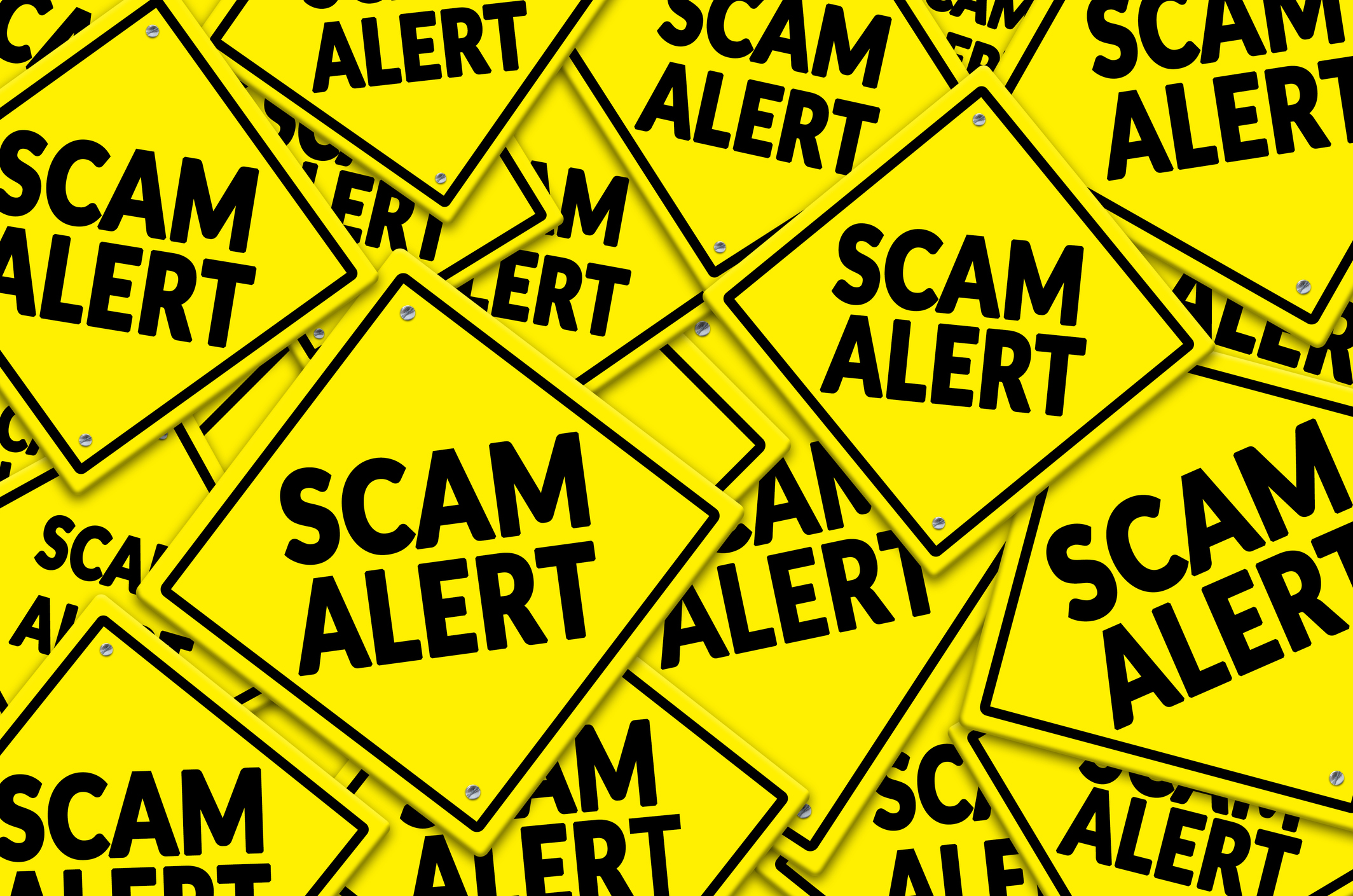 a bunch of yellow signs that say scam alert, all criss crossed and lying on top of another