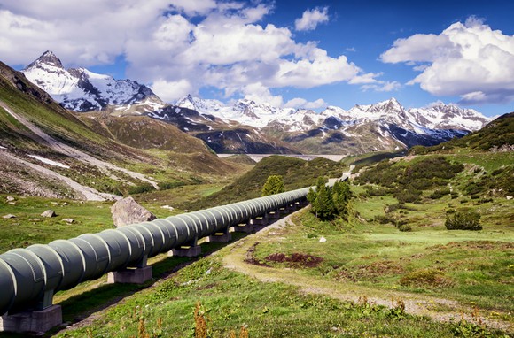 A pipeline traversing a mountain valley.
