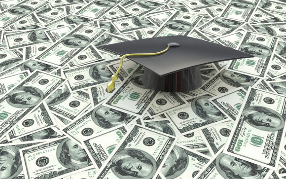 Graduation cap on top of 100 dollar bills.