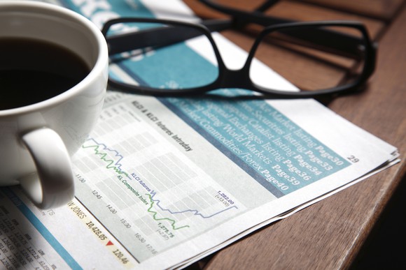 Financial papers with a cup of coffee and glasses sitting on them