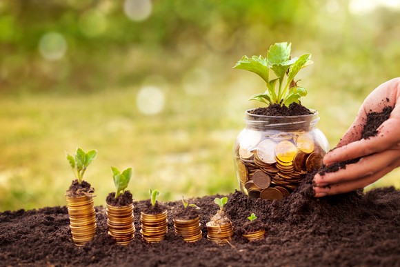 A hand planting a jar of coins next to rising stacks of coins with plants on top.