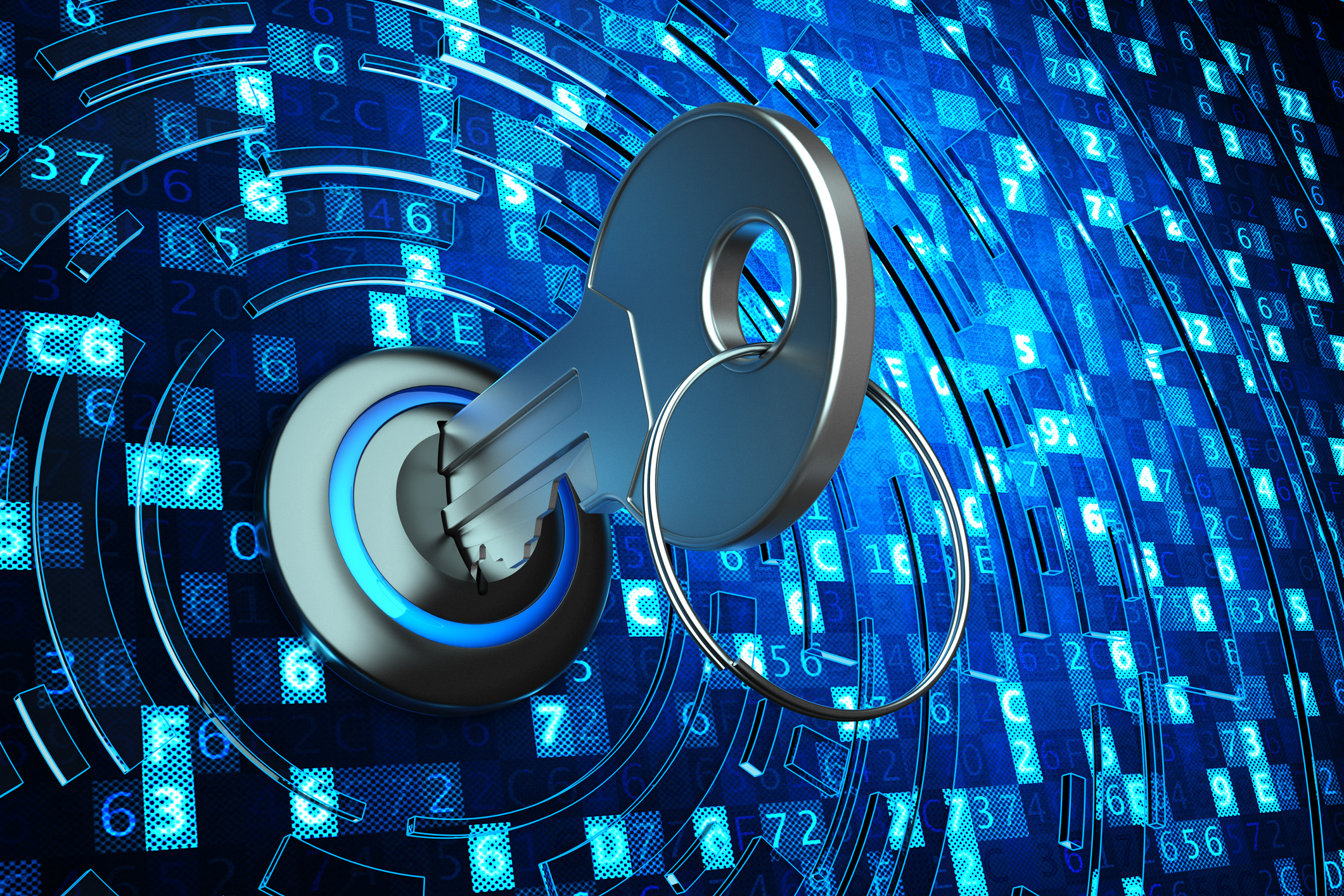 A key inside of a lock, surrounded by digital blockchain code.