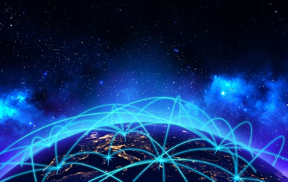 Earth globe night view with connect lines on deep blue space background.