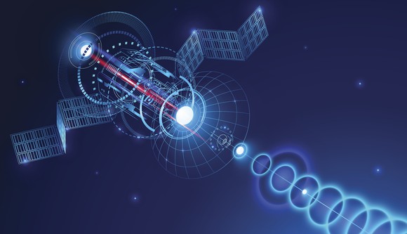 Illustration of satellite showing concept of beaming back signals to Earth