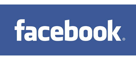 Facebook logo in white letters on blue background.