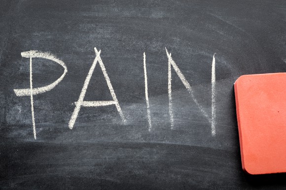 Chalkboard with the word "Pain" written on it, and an eraser.