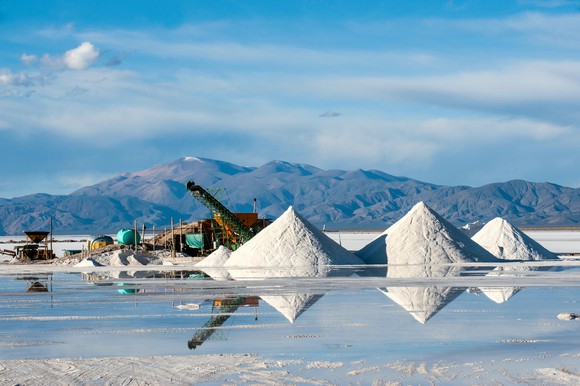 A lithium brine mining operation, showing evaporation ponds, with mountains and blue sky in background.