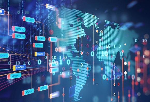 Binary code and blockchain nodes surrounding a digital outline of the continents. 