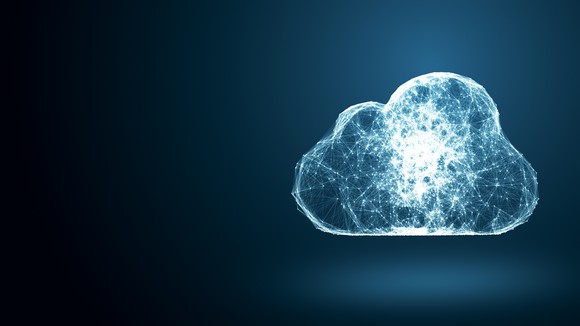 A digital web connecting to form the shape of a cloud.