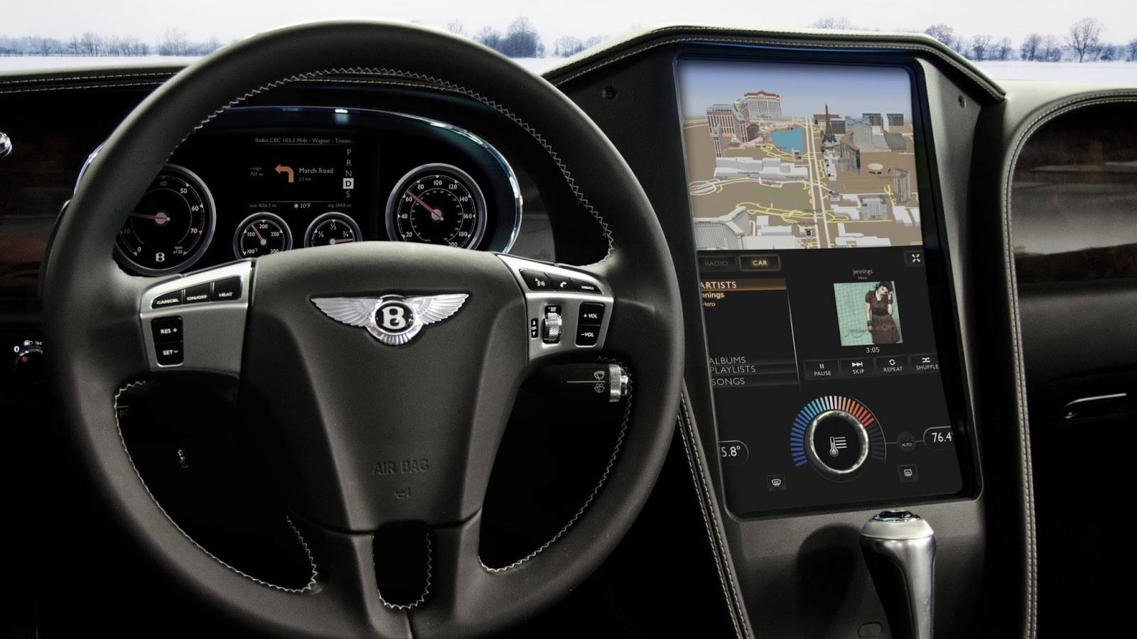 The cockpit of a Bentley car, including the steering wheel and computer screen.