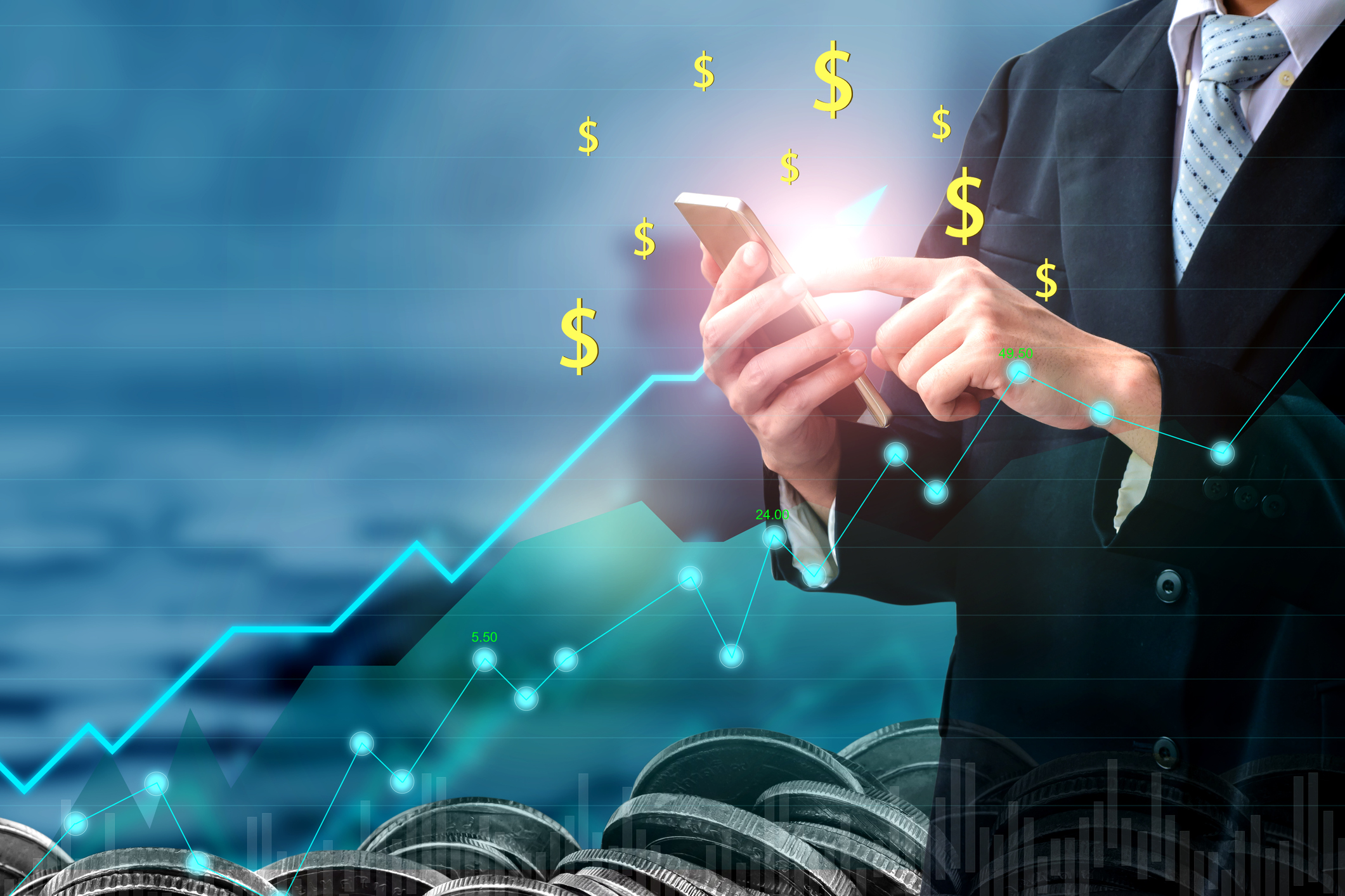 Man holding calculator with dollar signs shown around it and line charts going up in foreground