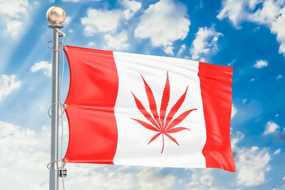 A Canadian flag on a flag pole with the maple leaf replaced by a marijuana leaf.