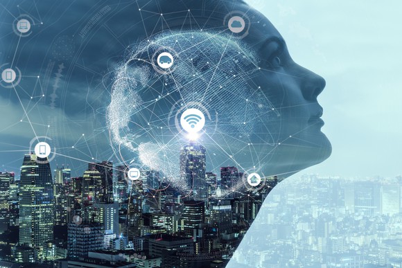 A woman's face superimposed on top of a cityscape, with technology icons all around.