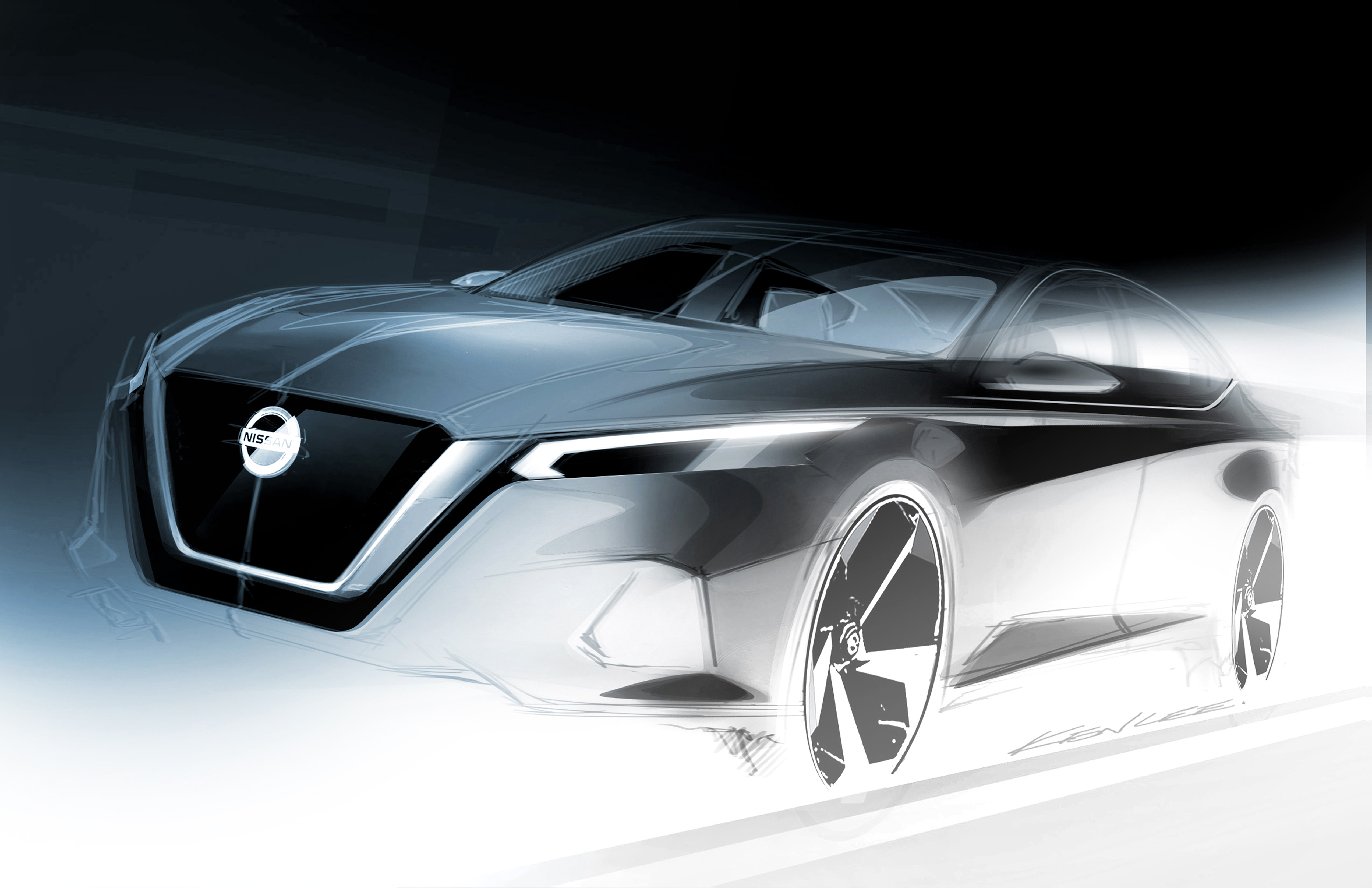 A sketch of an edgy, aggressively styled Nissan sedan.