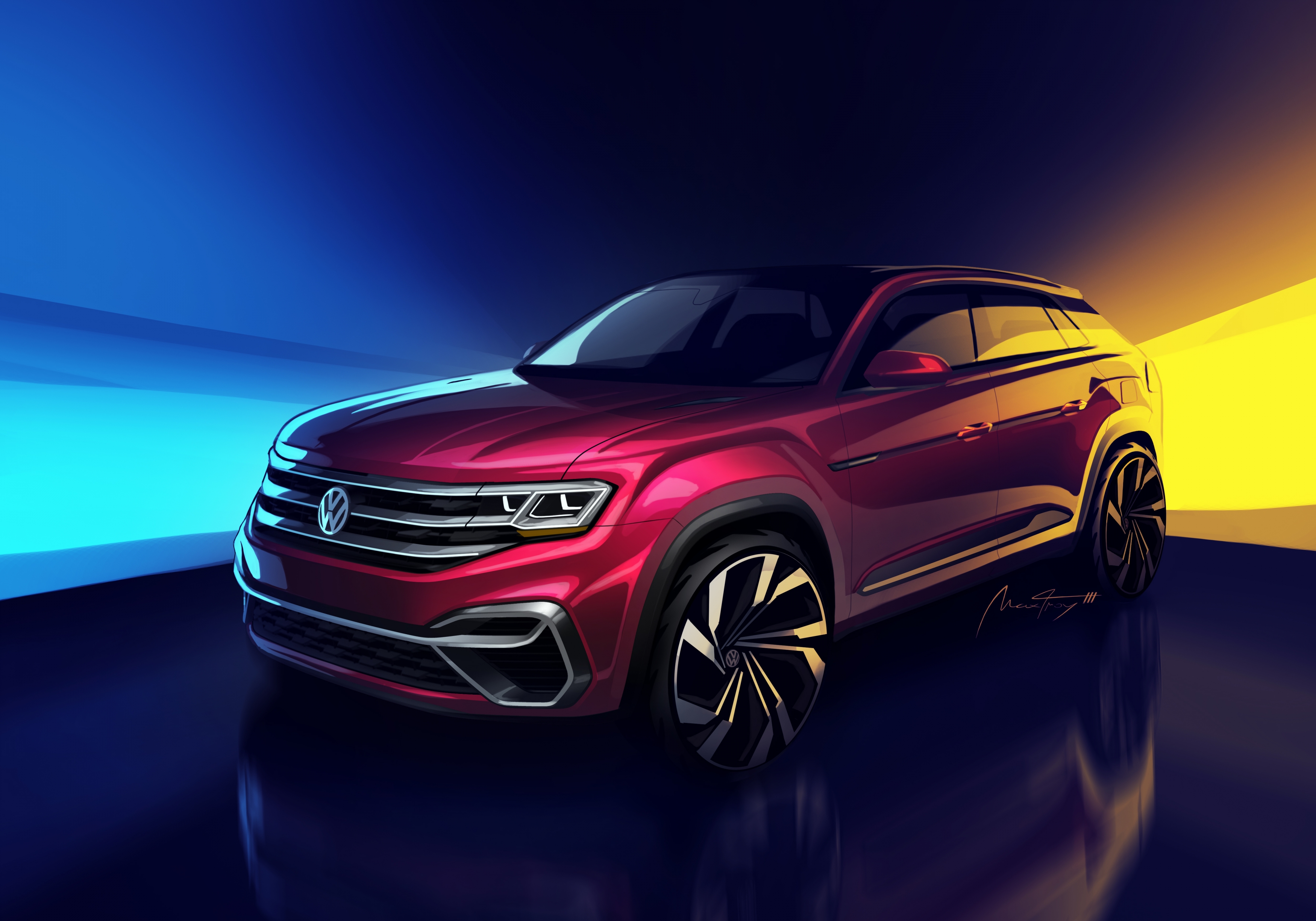 A red prototype 5-passenger Volkswagen Atlas crossover SUV.