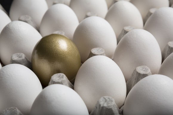 A single golden egg amongst many white eggs.