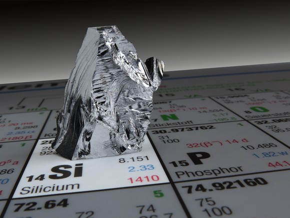 A piece of silicon metal on the periodic table of elements.