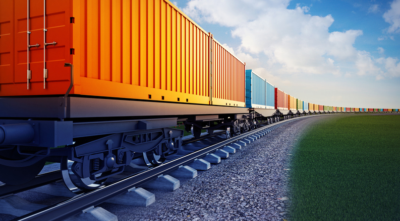 3D rendered illustration of a curving line of colorful freight cars.