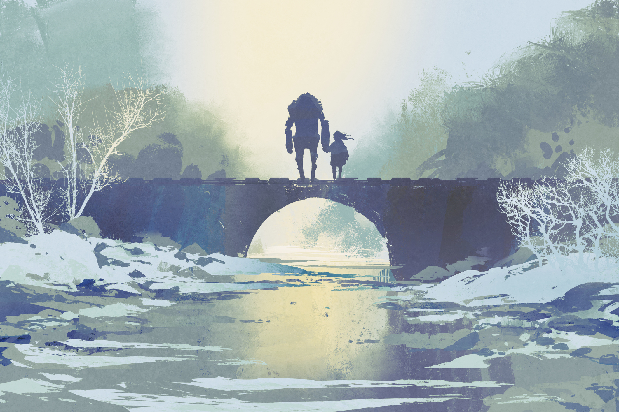 A robot stands on an icy bridge with a little girl.