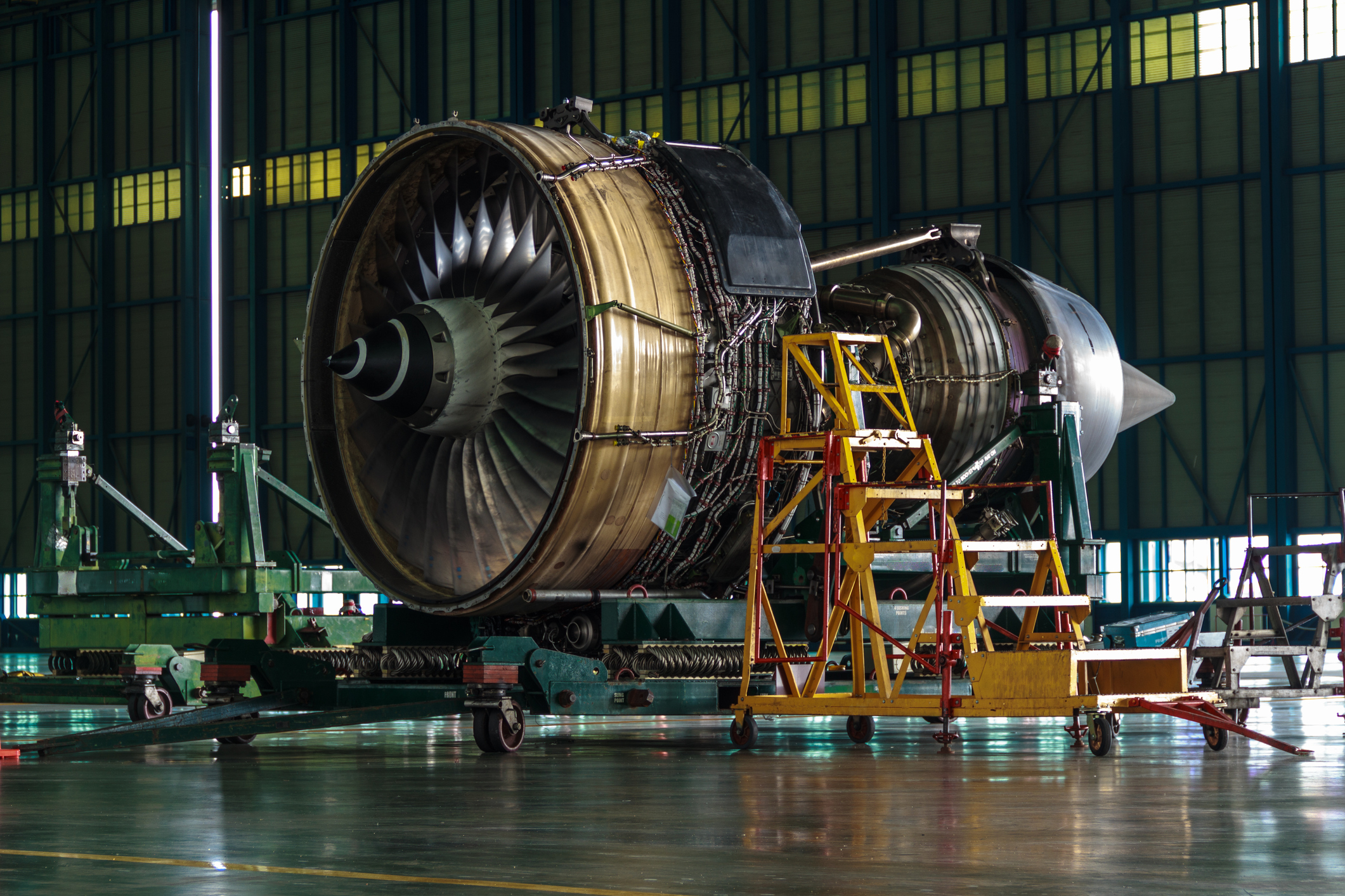 Commercial aircraft engine being assembled.