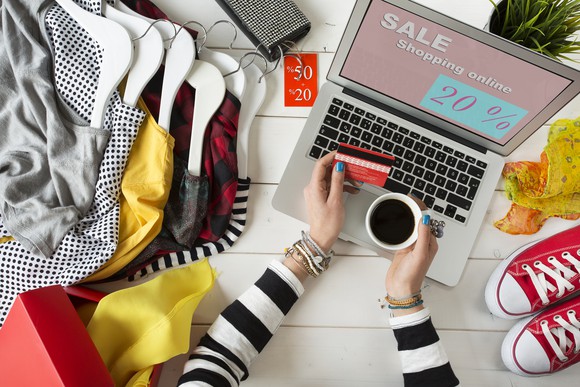 Woman shopping online for sales.
