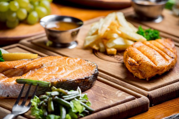 Prepared food on cutting boards.