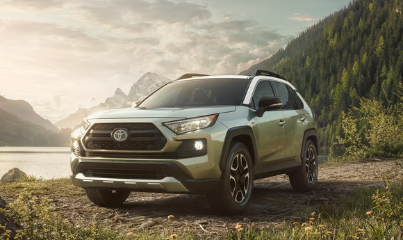 A 2019 RAV4 in Adventure trim, with fender-flare accents and roof rails.