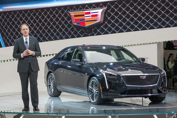 De Nysschen is shown presenting the new Cadillac CT6 V-Sport sedan at the New York International Auto Show on March 28, 2018.