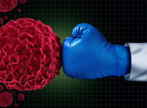 Boxing glove punching cancer cell