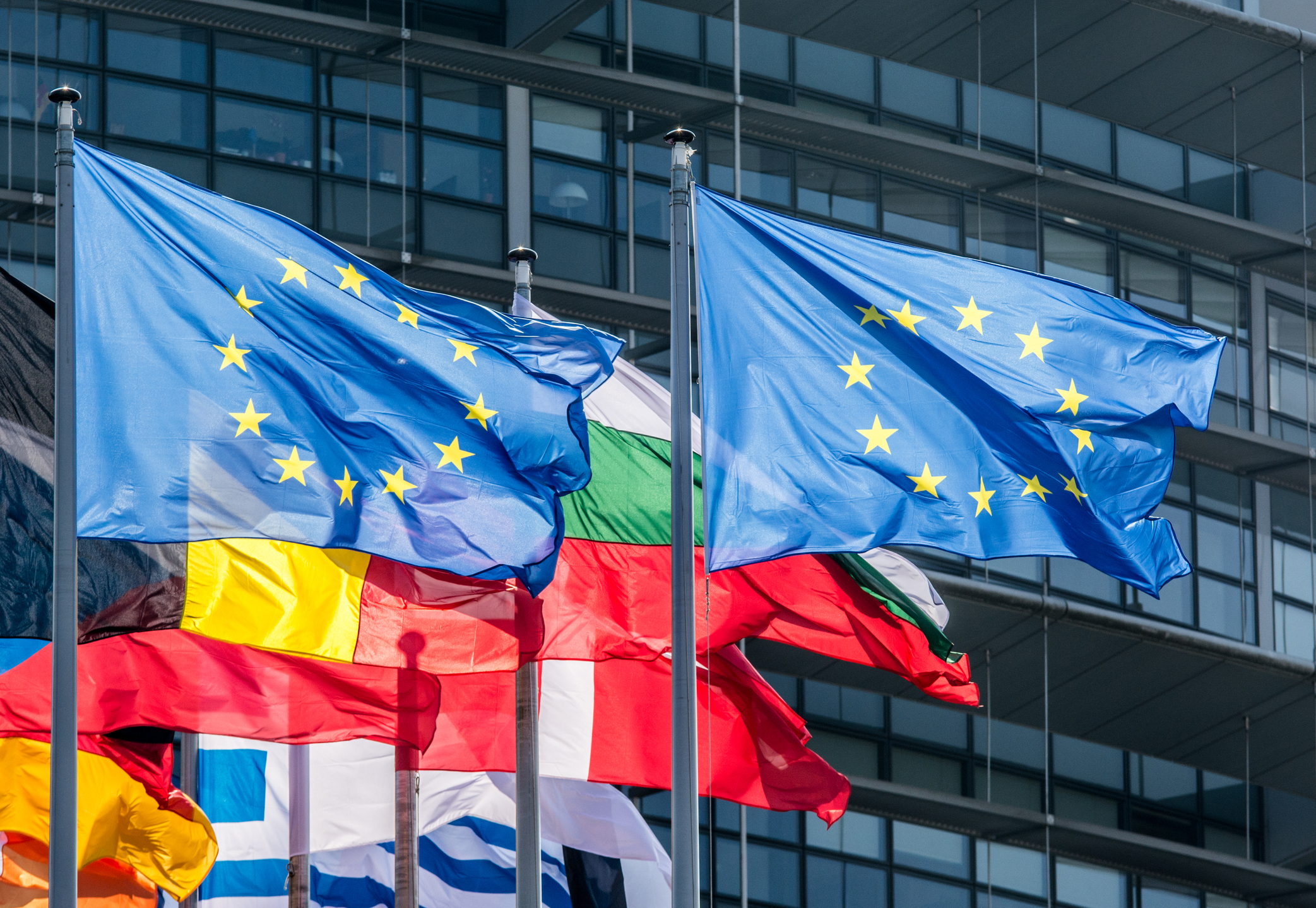 A row of European country flags flying in front of a building.