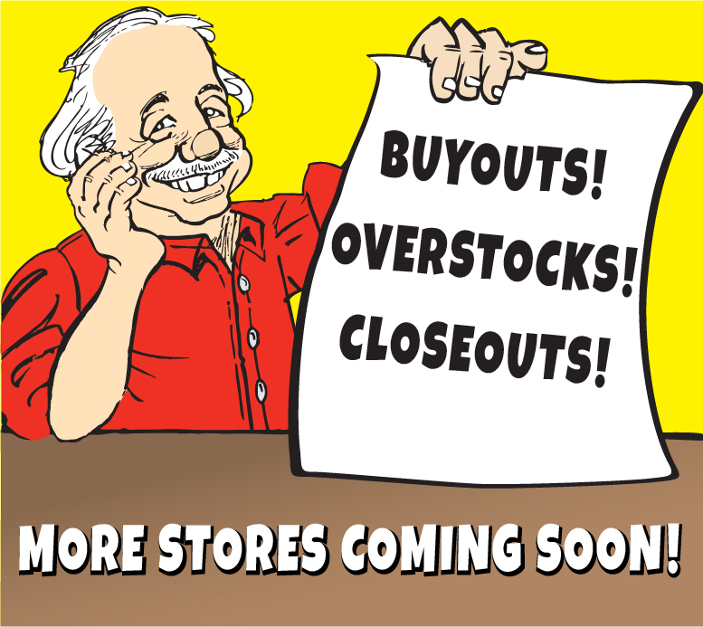 Ollie's mascot is holding a paper that reads "Buyouts! Overstocks! Closeouts!" while the picture reads more stores are coming soon.