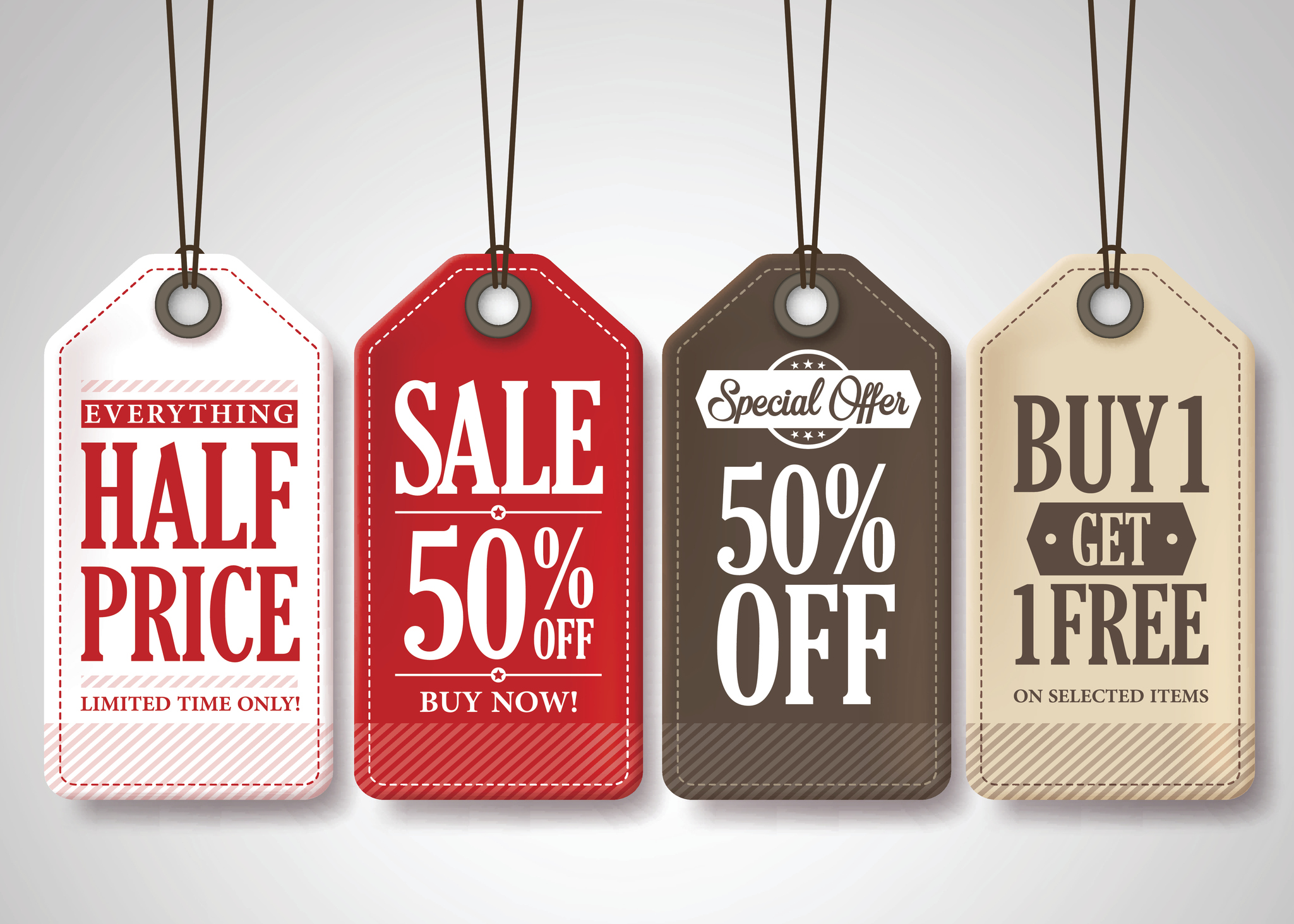 Colored tags displaying sales for half price and 50% off.